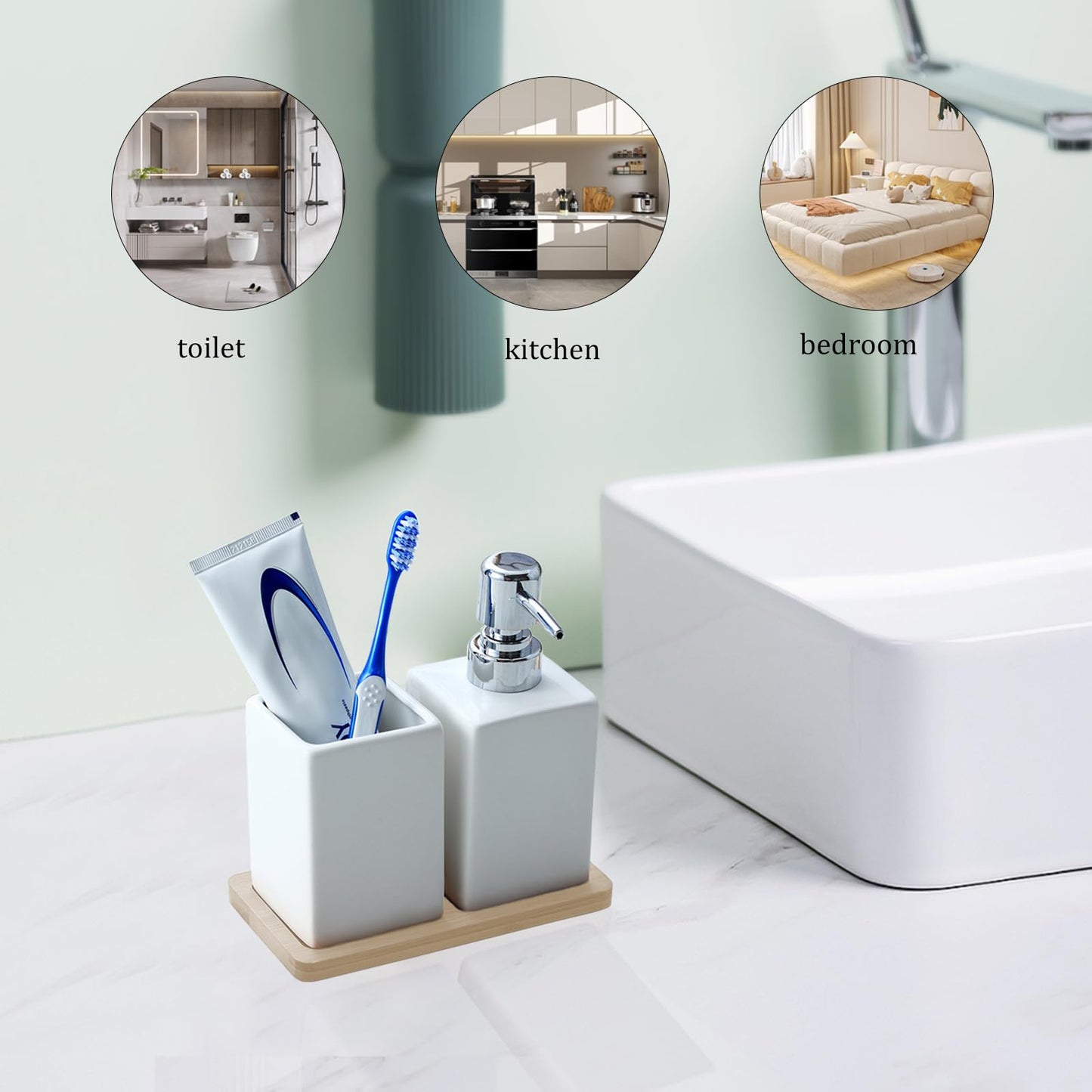 White Ceramic Bathroom Set with Wood Tray | Includes 320ml Soap Dispenser & Tumbler | Luxury Bathroom Accessories & Decor