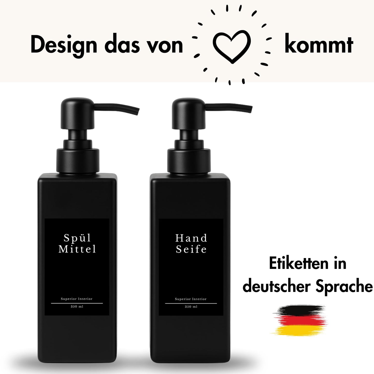 Soap Dispenser Glass Black Matt Pack of 2, 350 ml with Stainless Steel Pump - Detergent Dispenser for Kitchen