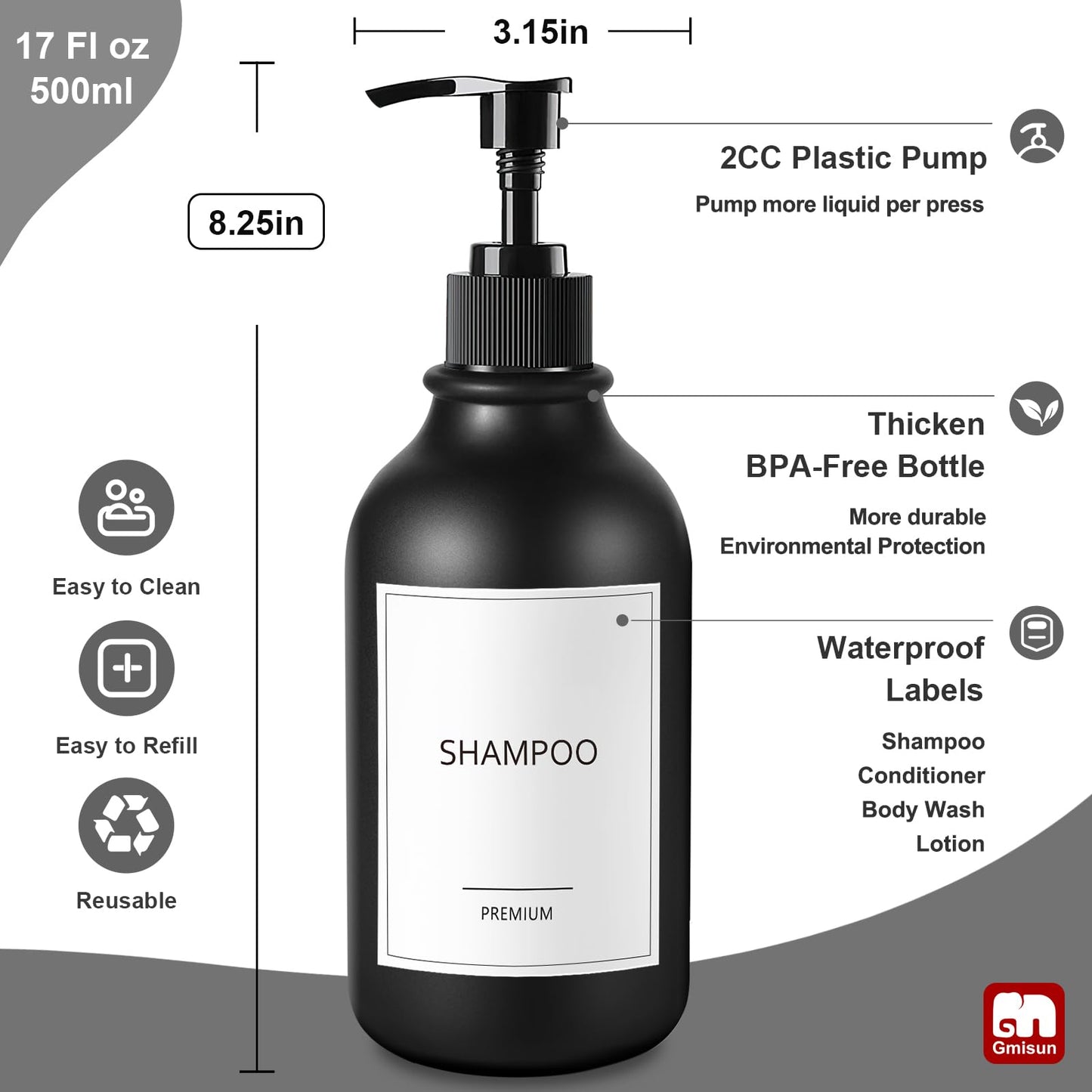 GMISUN Shampoo and Conditioner Bottles, Plastic Black Shampoo Dispenser