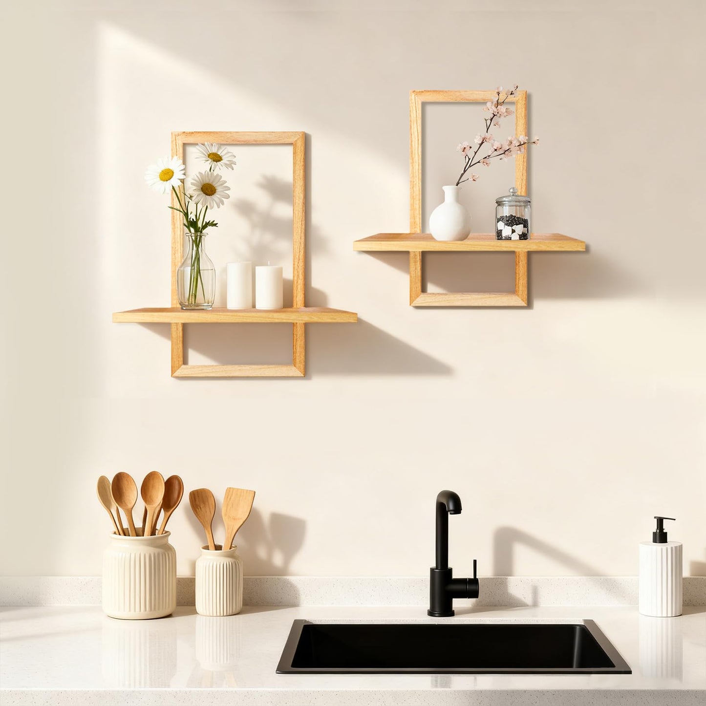 YiYa 2 Pcs Wood Shelves for Wall Decor Modern Boho Wall Shelf Wood Floating Shelf Bohemian Hanging Shelf Display Shelving for Hanging Plants Photo