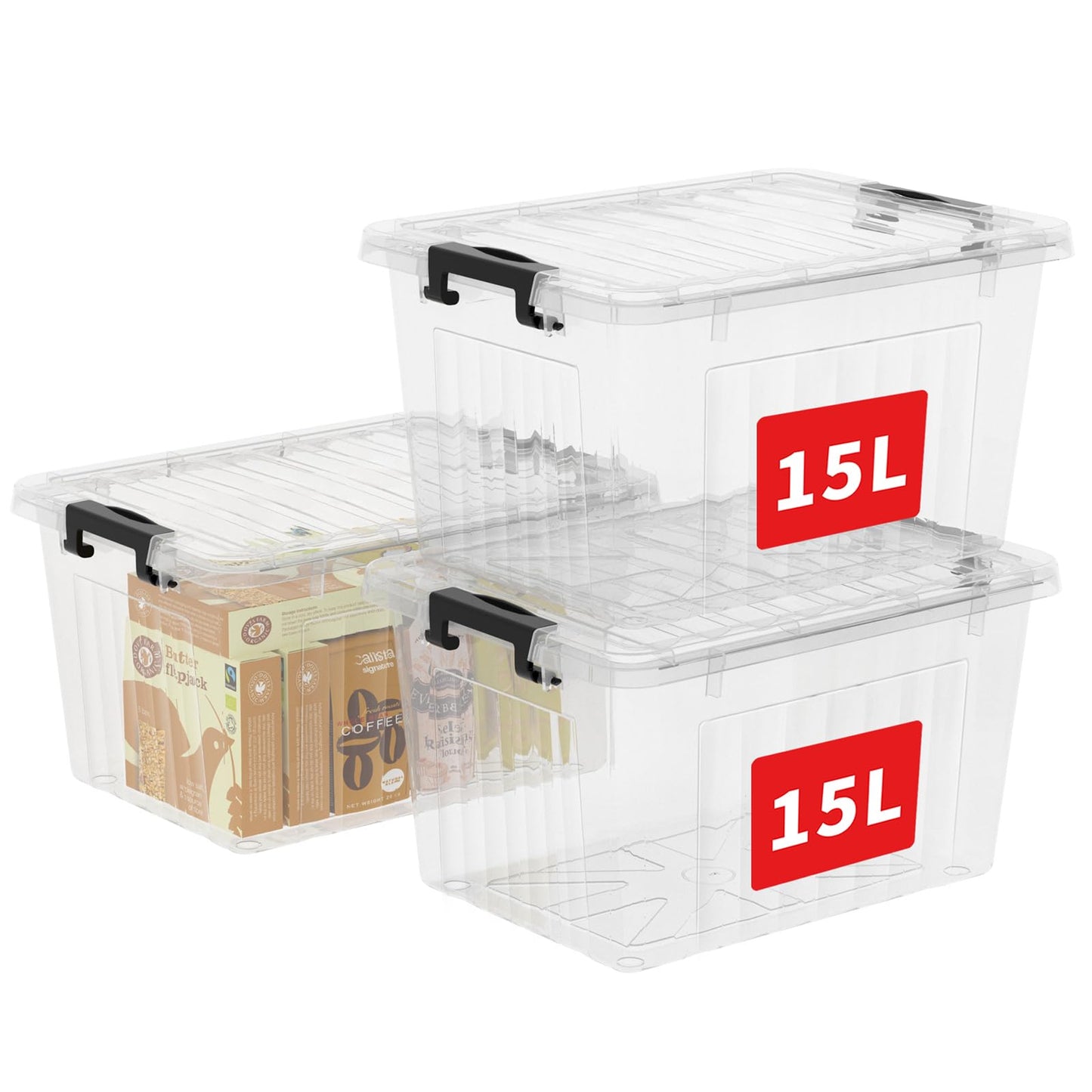 Cetomo 15L*3 Storage Boxes with Lids, Plastic Storage Box with Secure Side Latches, PP Nestable and Stackable Clear Organizer for Home, Office