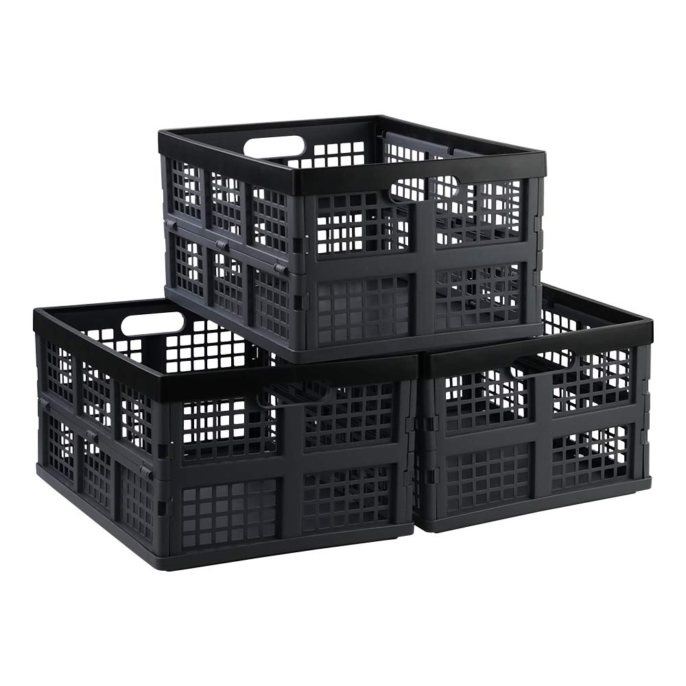 Annkky 34 Liters Collapsible Crate, Plastic Folding Crate Basket Set of 3