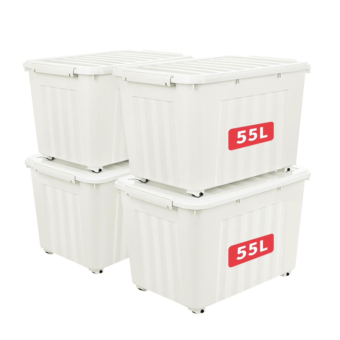 Cetomo 55L*4 Storage Boxes with Lids, Plastic Storage Box with Wheels and Secure Side Latches, Stackable & Nestable Organizer for Home, Office