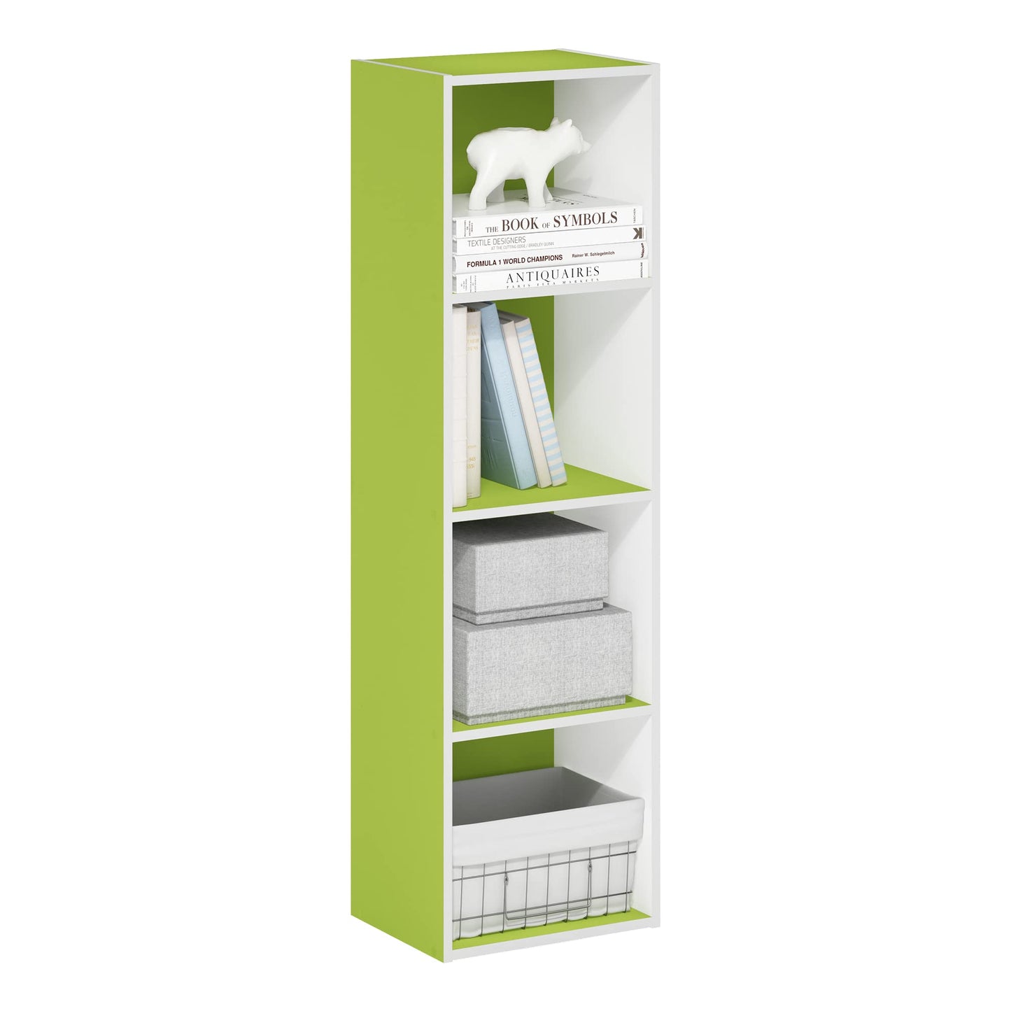 Furinno PASIR Book Shelf, 4-Tier Modern Bookshelf, Open Shelves Bookcase 9 x 12 x 42, for Living Room, Bedroom, Home Office, Green/White
