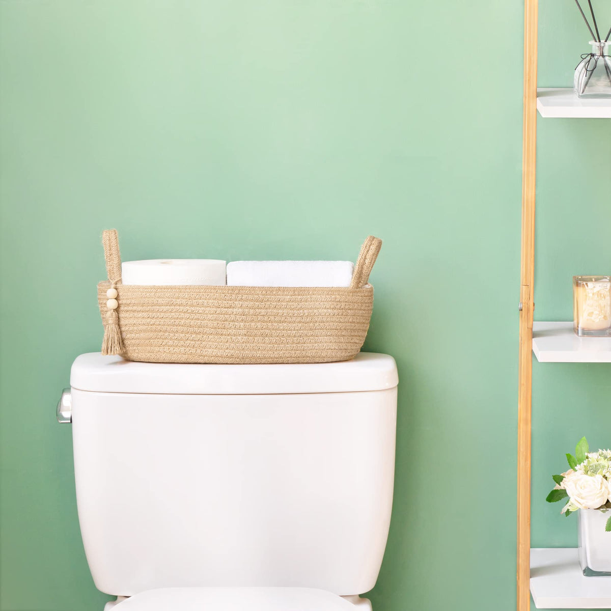 Mkono 1 Piece 13 x 6 Inch Small Toilet Tank Storage Basket Bathroom Decor Woven Rope Toilet Paper Tray for Shelf Bedroom Living Room Jute