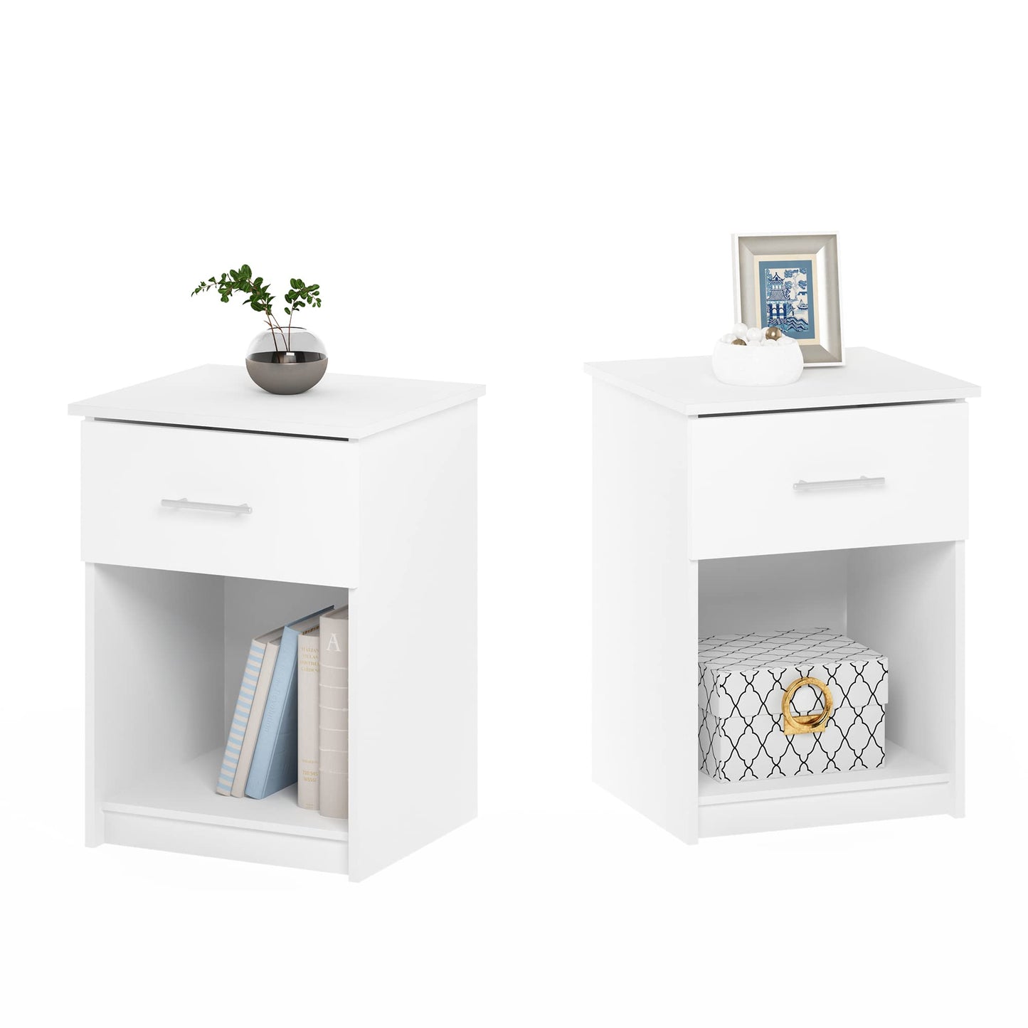 Furinno TIDUR Night Stand Set of 2, Nightstand with Drawer, Bedside Table, End Table, Side Table with Storage Shelf, Bar Handle Drawer, for Bedroom