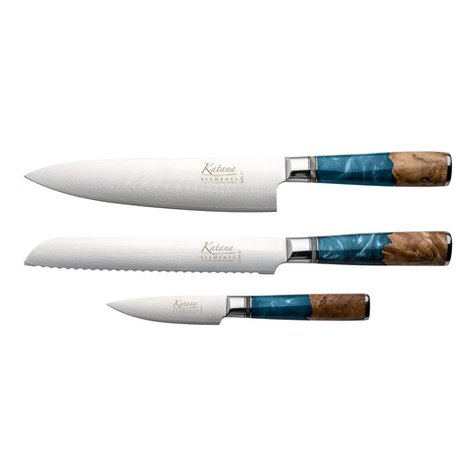 Katana Saya Elements 3 Piece Kitchen Knife Set, Ocean Blue, 20cm Chef's, 20cm Bread and 9cm Paring Knives Japanese VG-10 Damascus Stainless Steel,