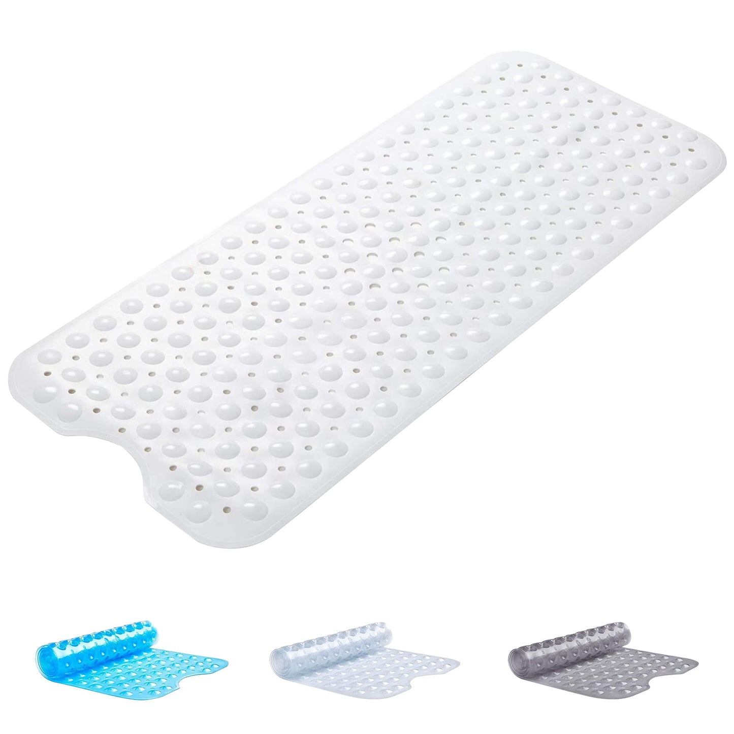 Oxford Homeware Shower Bath Mat Non Slip Anti Mould - White 100X40 cm Shower Mat for Bathtub and Bathroom with Drain Holes and Strong Suction Cups