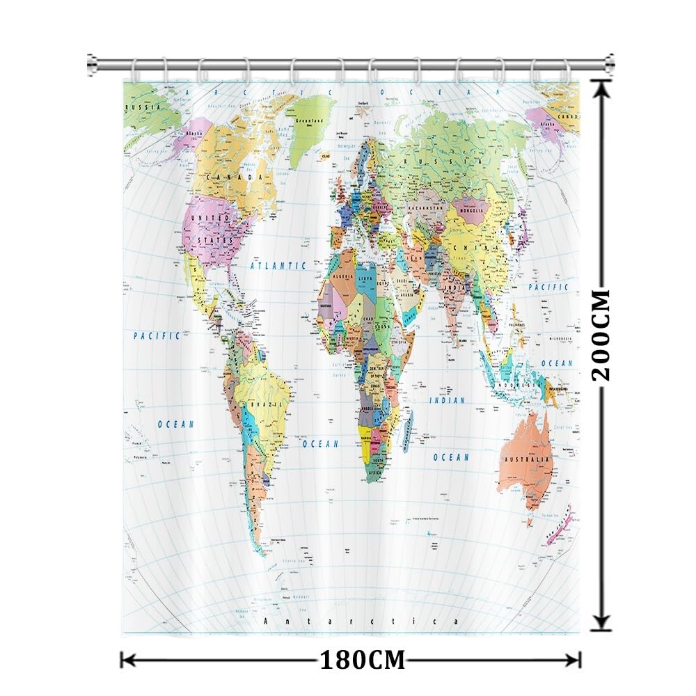 Xiaoterna World Map Shower Curtain Colorful Nautical Map Ocean Bathroom Curtain White Coastal Ocean Shower Curtain for Bathroom Machine Washable