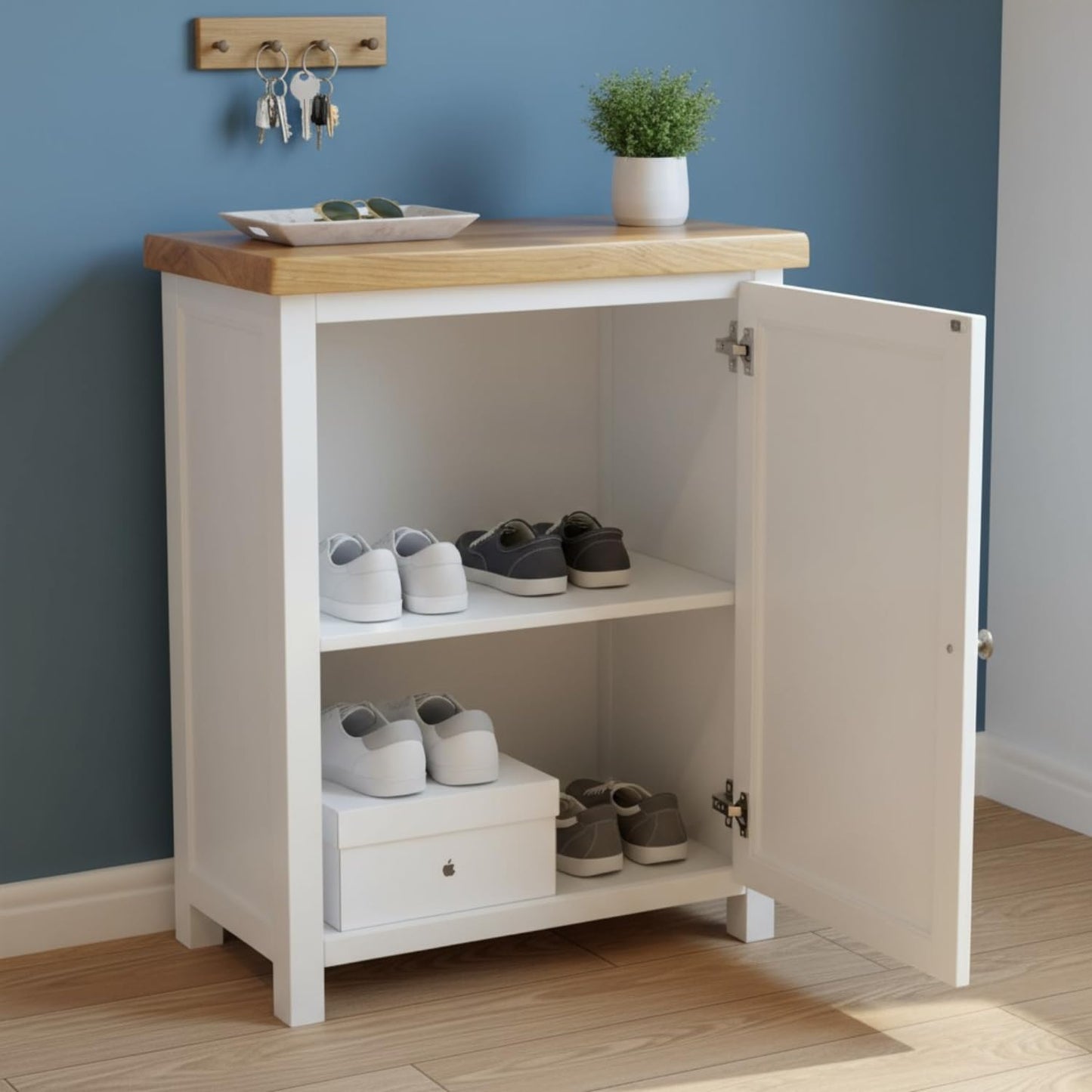 ALL WHITE Storage Cabinet with Open Shelf, White and Oak Top, 2 Doors with Metal Knobs, Ready Assembled Storage Cabinet for Hallway or Livingroom
