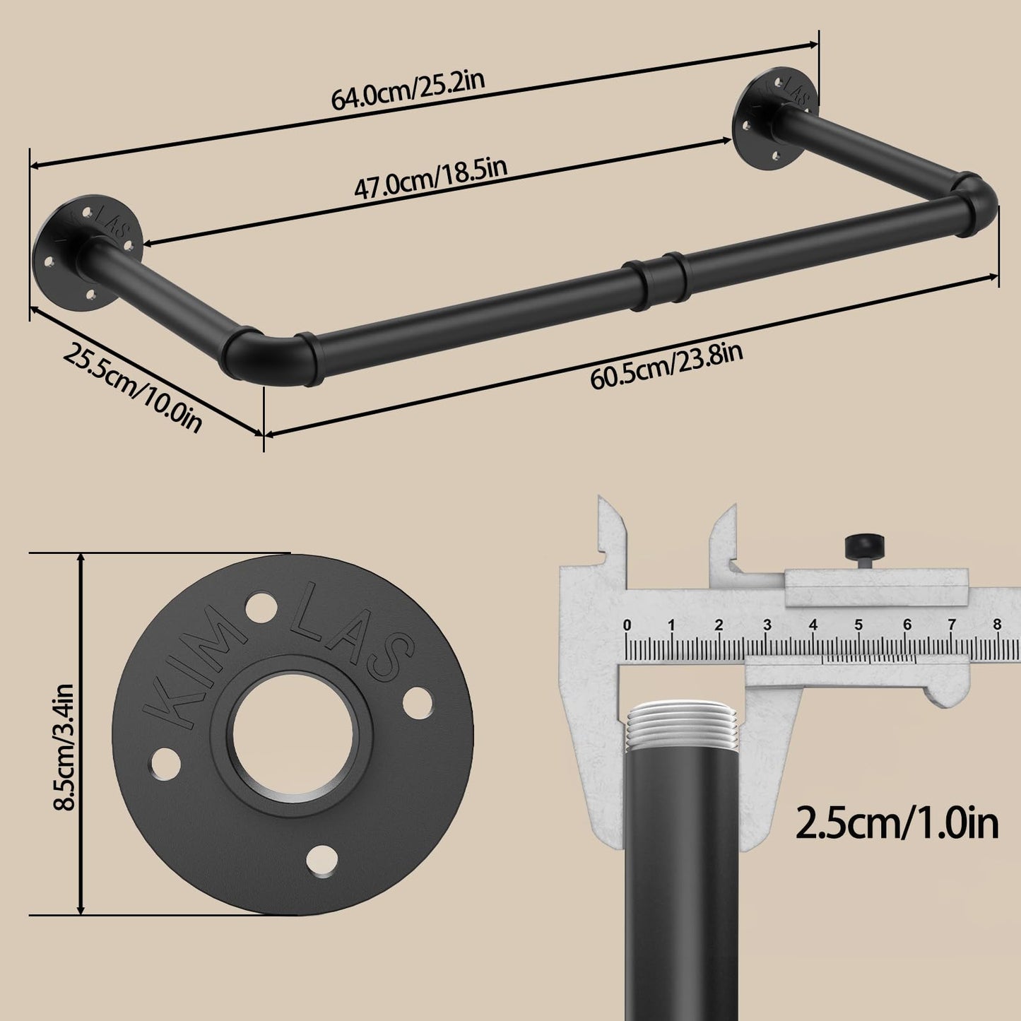 YheenLf 64cm Wall Mounted Clothes Rail, Garment Rack, Black, 1 Pack
