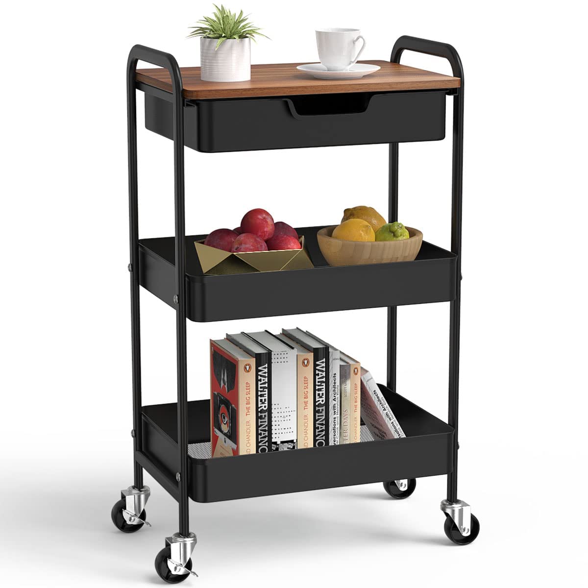 Shrivee 3-Tier Kitchen Trolley With Table and Drawer, All-Purpose Metal Shelf for Office, Salon, Cosmetics, Serving Cart for Kitchen, Bathroom