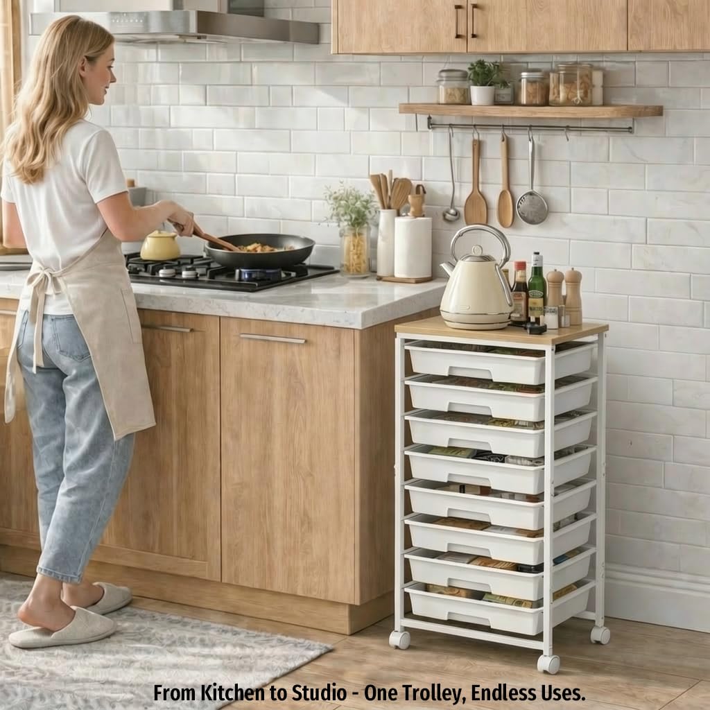 8 Drawer Rolling Storage Trolley with Wooden Worktop, Plastic Drawer Organiser Cart on Wheels with Lockable Silent Castors & Anti-Fall Latch