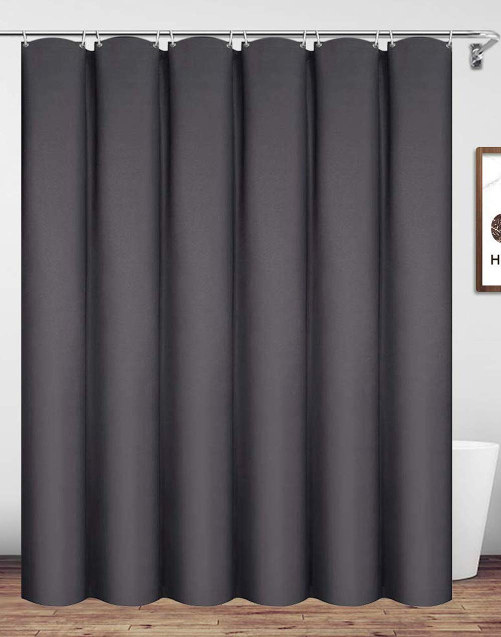 Homehold Charcoal Grey Shower Curtain With Hooks, 200cm Wide By 200cm Long Polyester Waterproof Bathroom Curtain