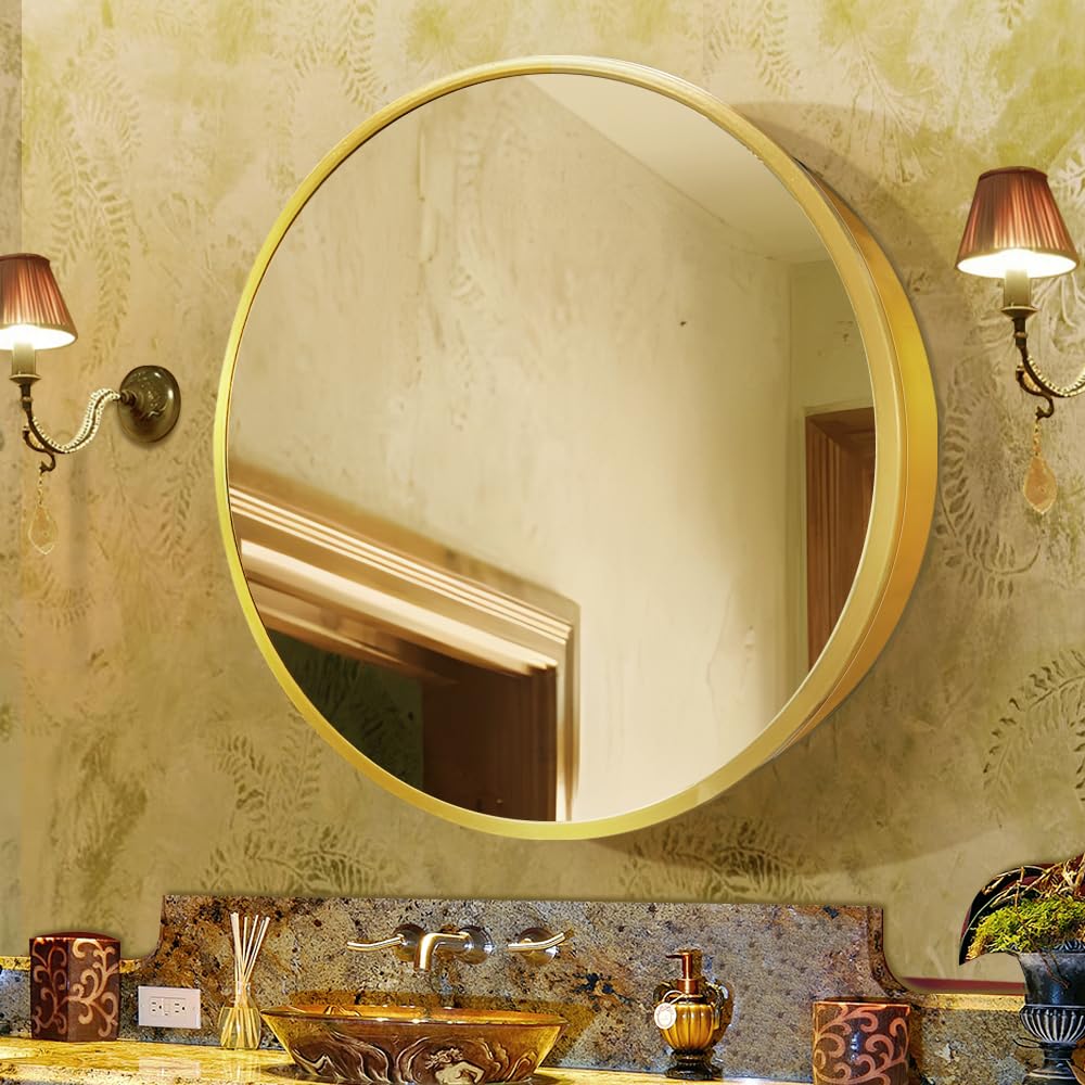 Janboe 61cm Round Mirror Cabinet,Aluminum Framed,Soft Close Hinge,Gold