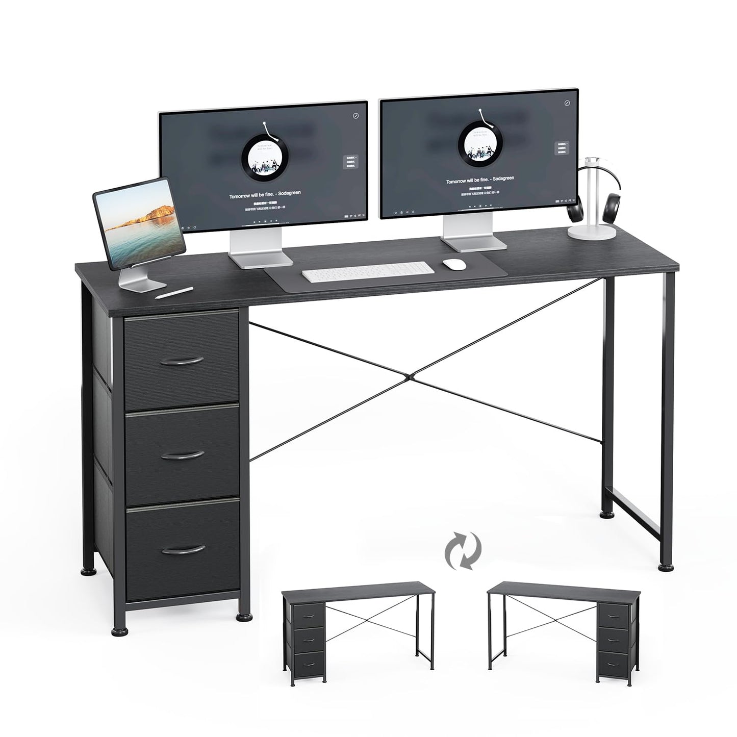 KitMent 100cm Wide Desk, Small Computer Desk with 3 Drawers, Home Office Desk with Adjustable Feet and Sturdy Frame