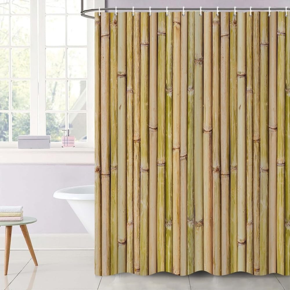 Uiiooazy Bamboo Shower Curtain, Zen Yellow Bamboo Stems Oriental Theme Bath Curtain Mildew and Mould Resistant Waterproof Polyester Fabric Washable