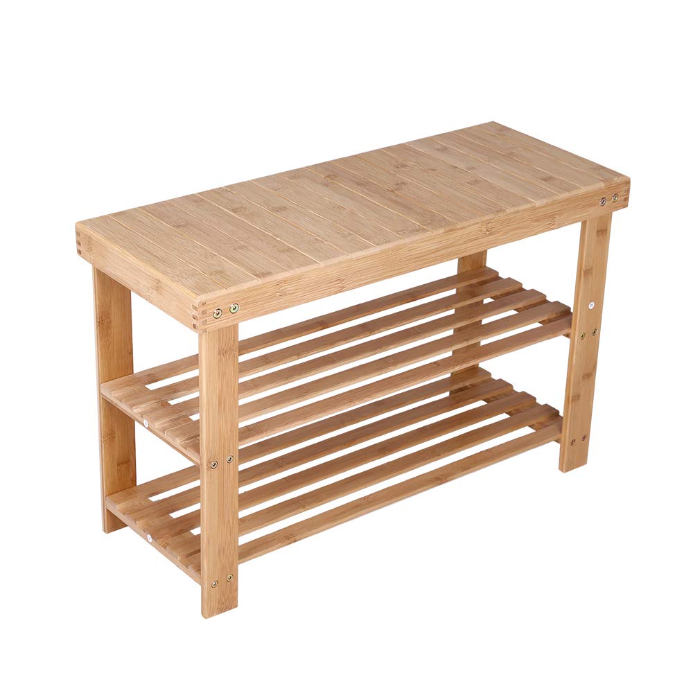 KKTONER Bamboo Shoe Rack Bench 3 Tier Entryway Seat Shoe Organizer Storage Shelf (Yellow)