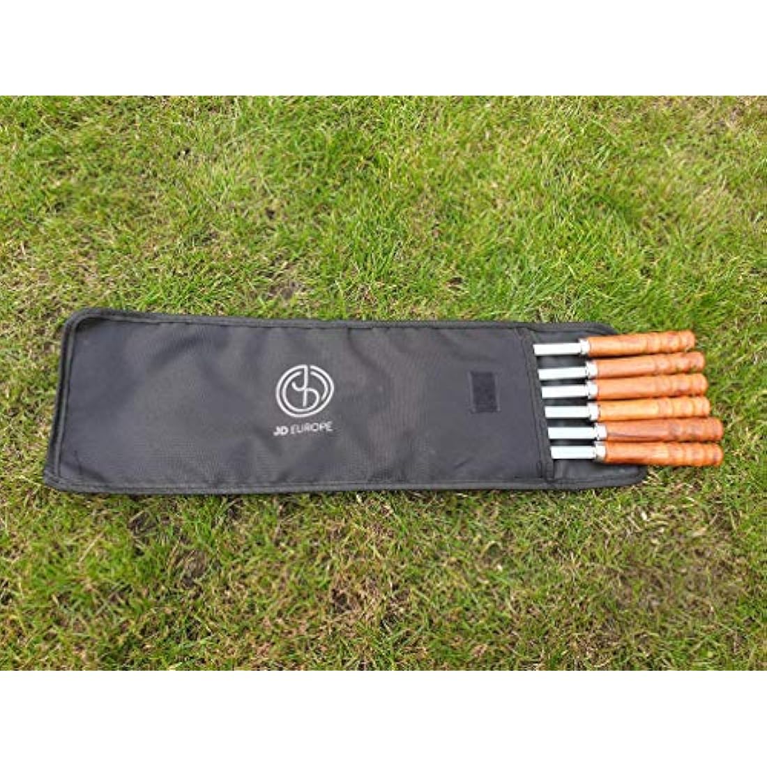 Kebab BBQ Stainless Steel Skewers 6pcs with Wooden Handles. Skewer Length 41cm. Blade Length 30cm Width 1cm Thick 2mm with Storage Pouch