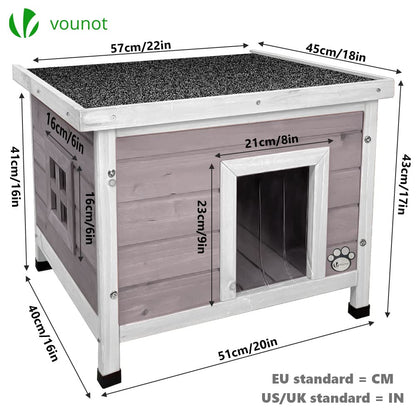 VOUNOT? Cat House Garden Wooden Kitten Home with Water-resistant Openable Roof, Privacy Window Outdoor Pet Shelter 57x45x43cm, Grey