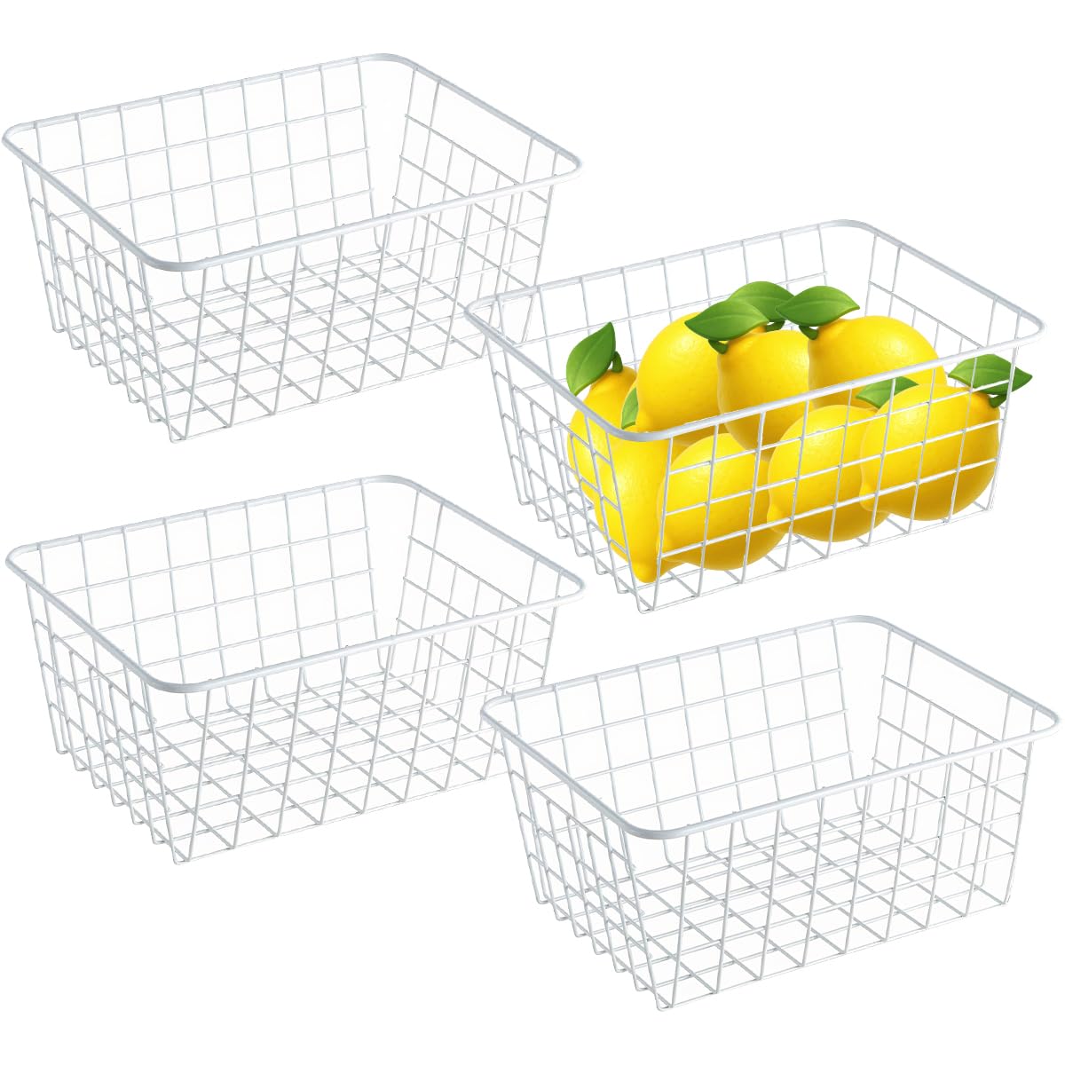 LOSYHU 4 Pack White Wire Storage Baskets, Wire Basket for Pantry Organizer Storage, Metal Storage Baskets Small Chest Freezer Baskets for Shelves