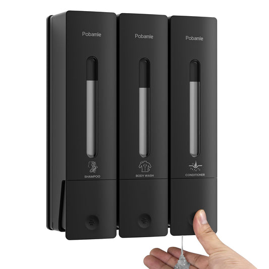 1984 Shower Soap Dispenser Bathroom Set Shampoo Conditioner Body Wash Wall Mounted 3 Chamber No Drill for Home Star Hotel 3 x 400ml Black