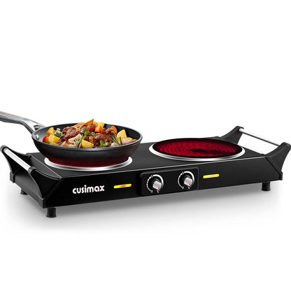 CUSIMAX Electric Hob, Hot Plates for cooking Portable Double Hob with Handles Infrared Cooktop & Dual Temperature Control, 2 Hob Rings (900W & 1200W)