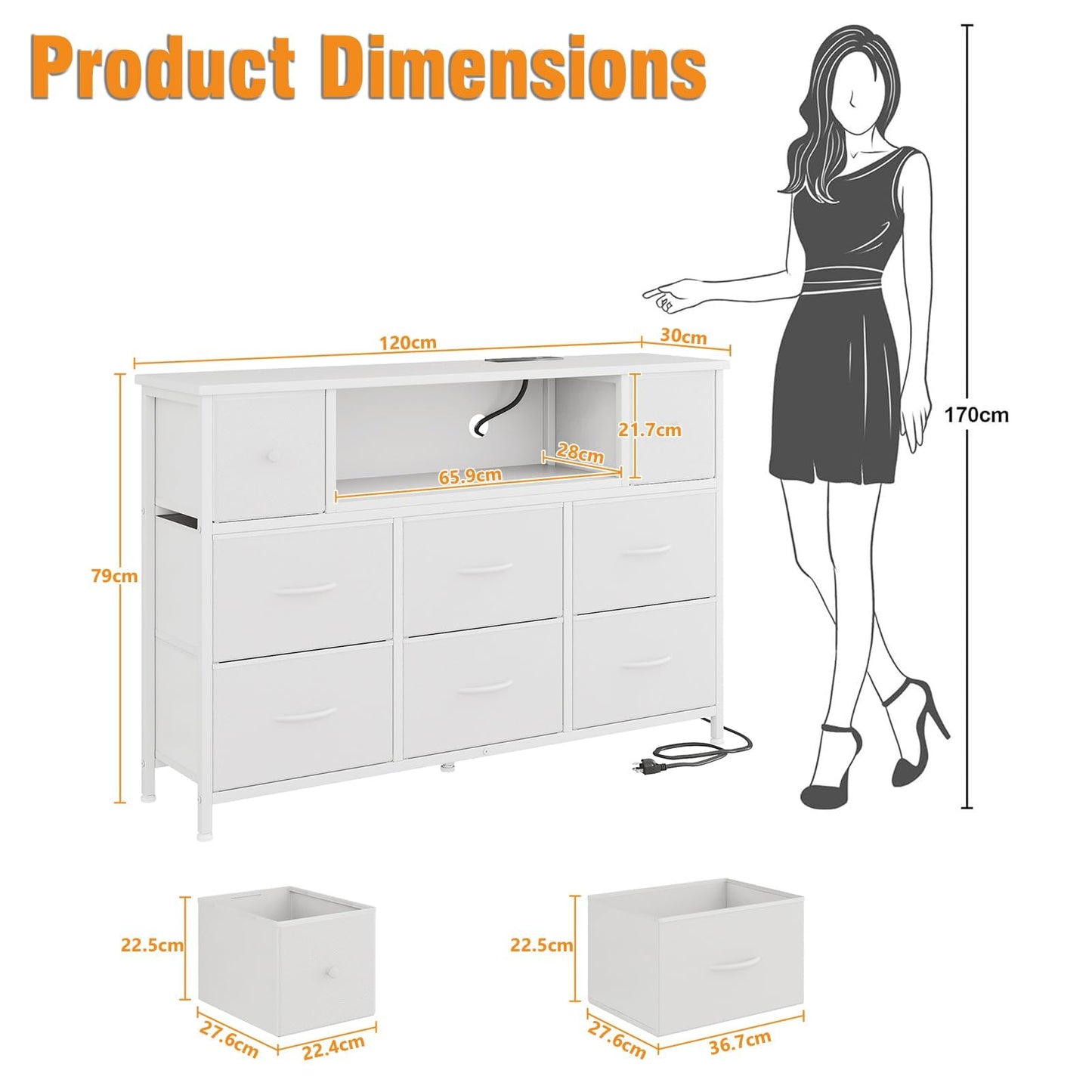 Flrrtenv Chest of Drawers, 8 Fabric Drawers Cabinet, 120CM TV Stand with Power Outlets and LED Lights for 55'' TV, for Bedroom Living Room & Entryway