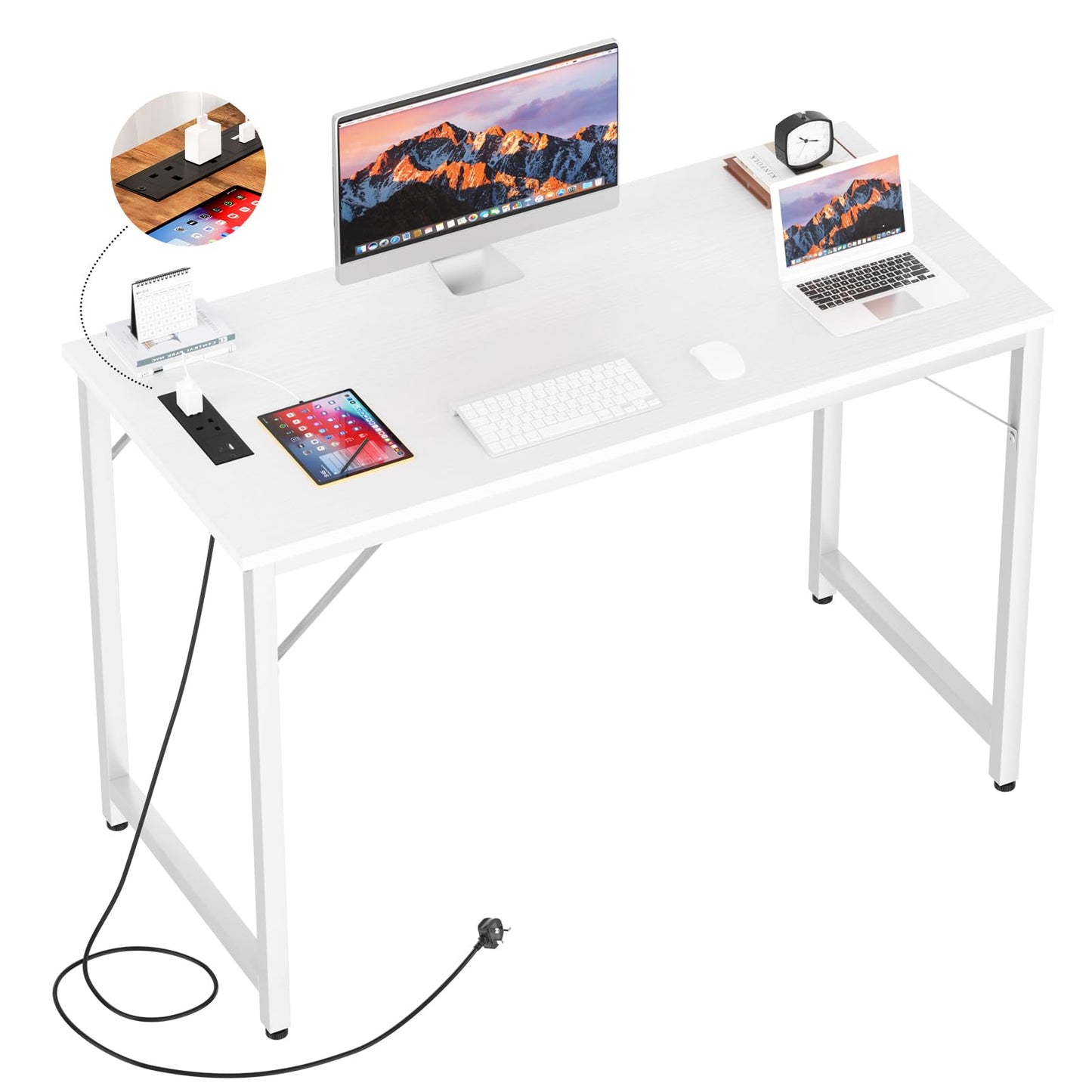 iSunirm 32 inch White Computer Desk with Power Outlets, Small Gaming Desk, Compact Home Office Desk for Small Spaces, Study Writing Table for Bedroom