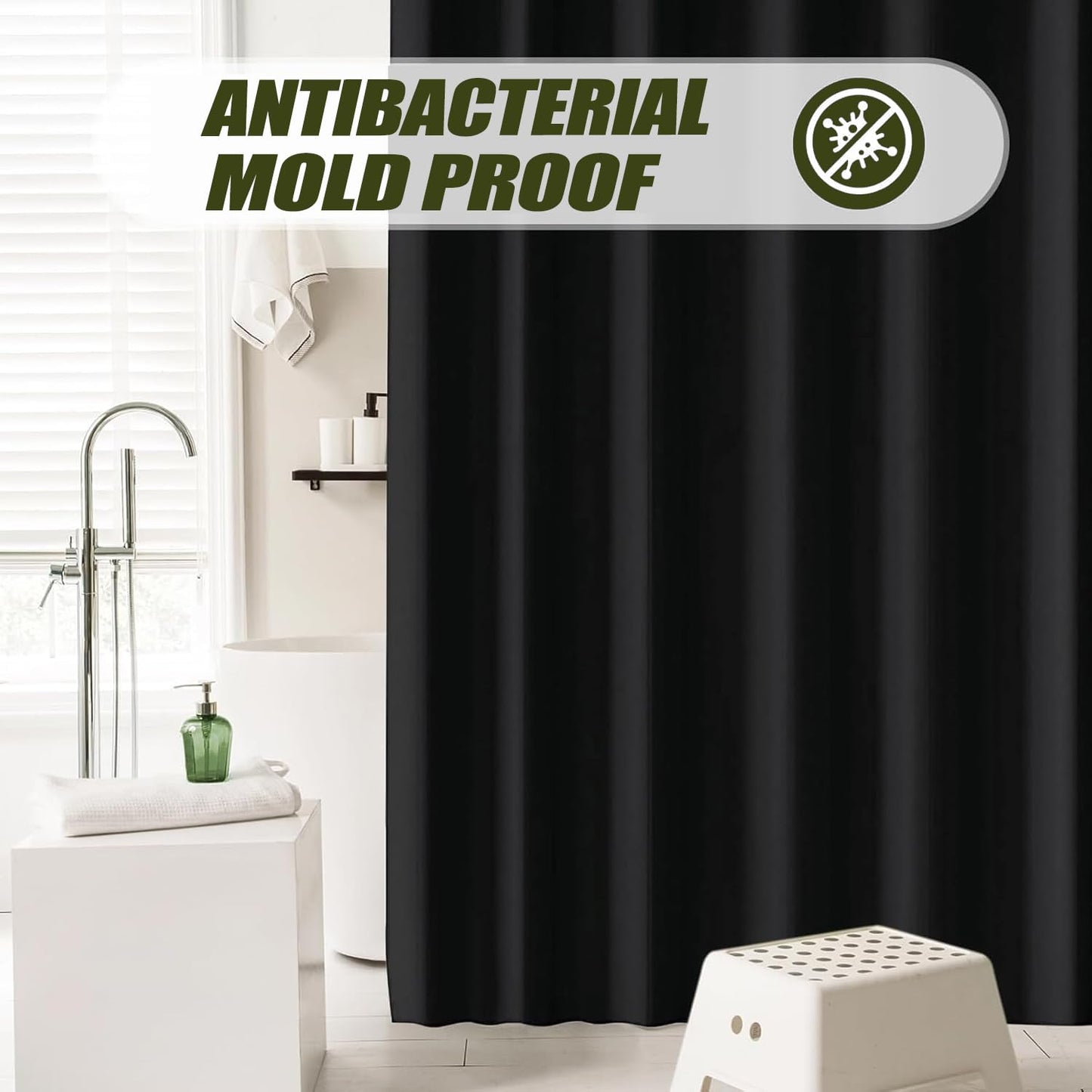 Shower Curtain, Solid Colour Fabric Shower Washable Curtain Mould Resistant and Water Repellent, Shower Curtain for Bathroom (Black,180 * 180)