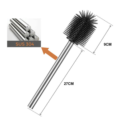 WAVEWO Silicone Toilet Brush with 2 Brush Heads, 7 cm Diameter Toilet Brush Made of 304 Stainless Steel for Bathroom Cleaning Silver