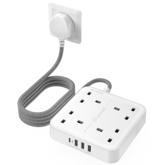 LENCENT Extension Lead with 4 Way Outlets, 3250W 13A Power Strip, 1.8M Braided Extension Cord, 1 USB-C and 3 USB Slots, Multi Power Plug Extension for