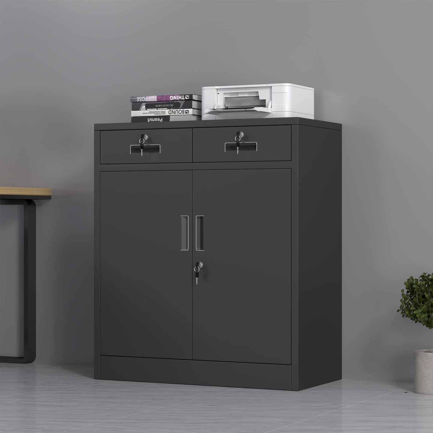 JINGUR Metal Storage Cupboard with Locking Doors and 2 Drawers (Black)