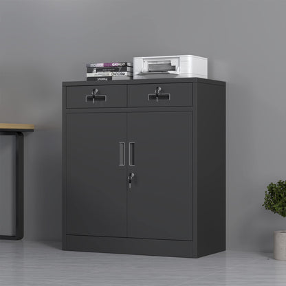 JINGUR Metal Storage Cupboard with Locking Doors and 2 Drawers Black