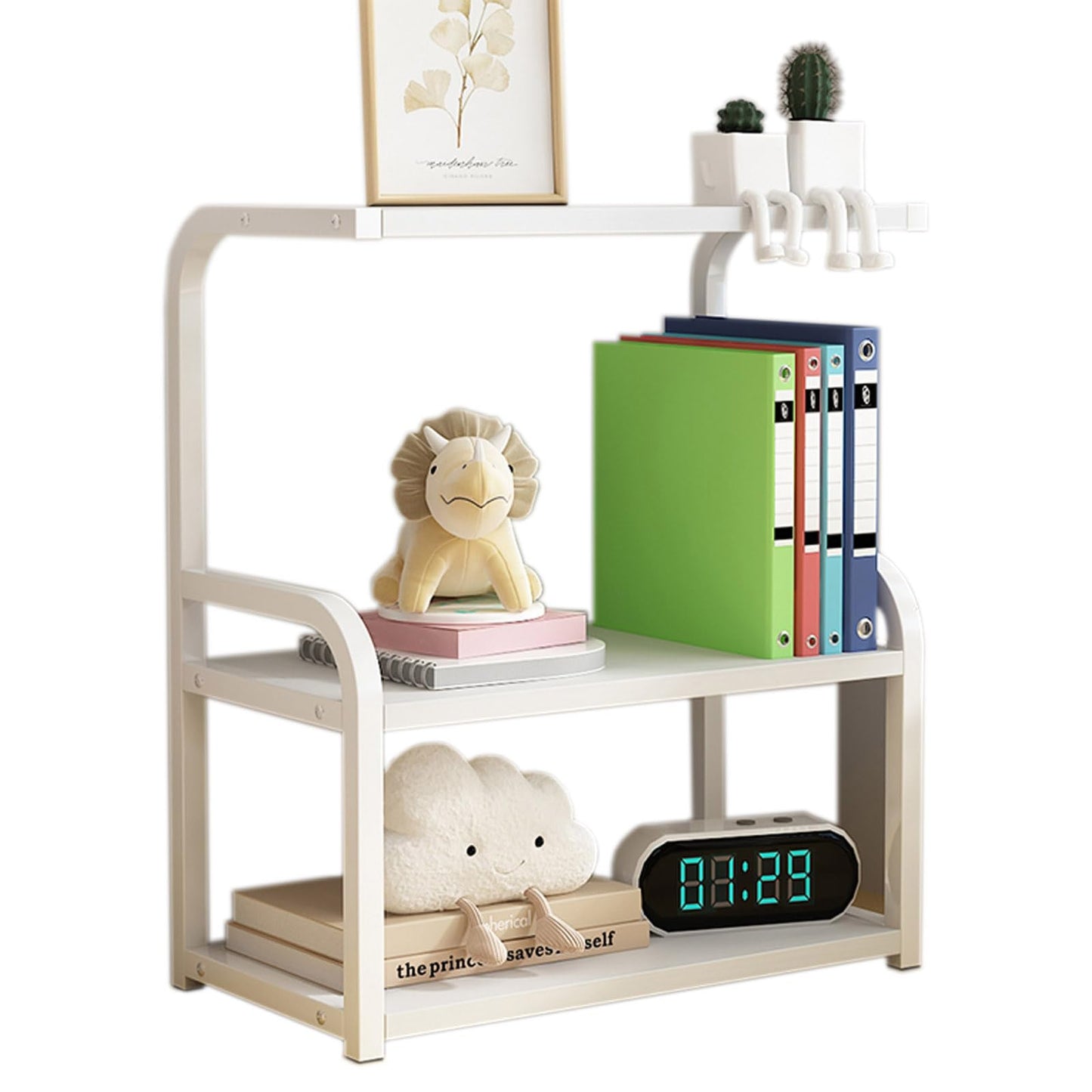 Numjeg 3-Tier Bookcase Desktop Wood White Metal Rack Bookshelf Supplies Bedroom Shelf Organizer Shelf for Top of Desk and Dresser Dining Room Furnitu