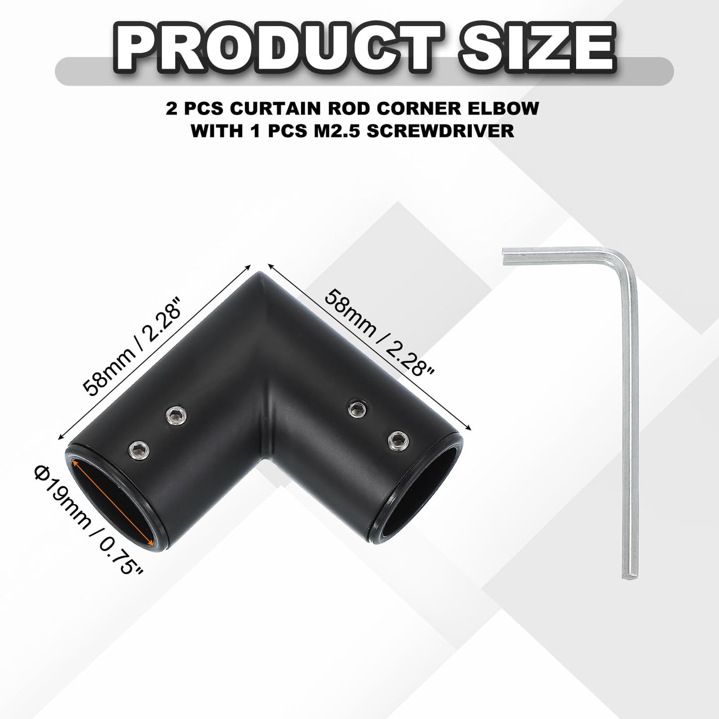 PATIKIL 2 Pcs 90° Black Stainless Steel Curtain Rod Corner Connector with Screwdriver for 3/4 Inch Bay/Corner Window, 2.28" x 2.28" (L*W)