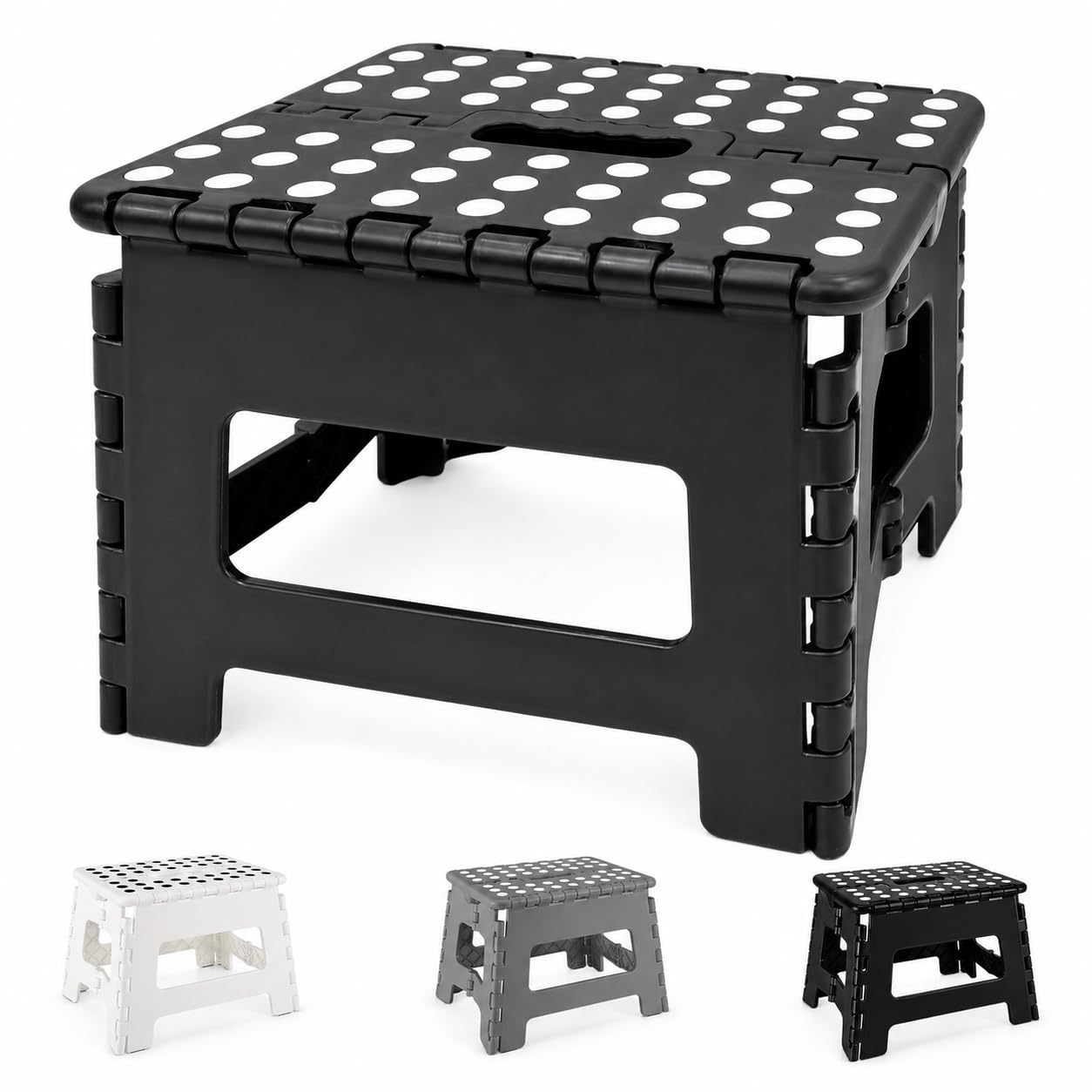 MASS DYNAMIC 9 Inch Folding Step Stool, Portable Plastic Footstool with Carry Handle, Non-Slip Top, Compact Collapsible Seat for Kitchen, Bathroom