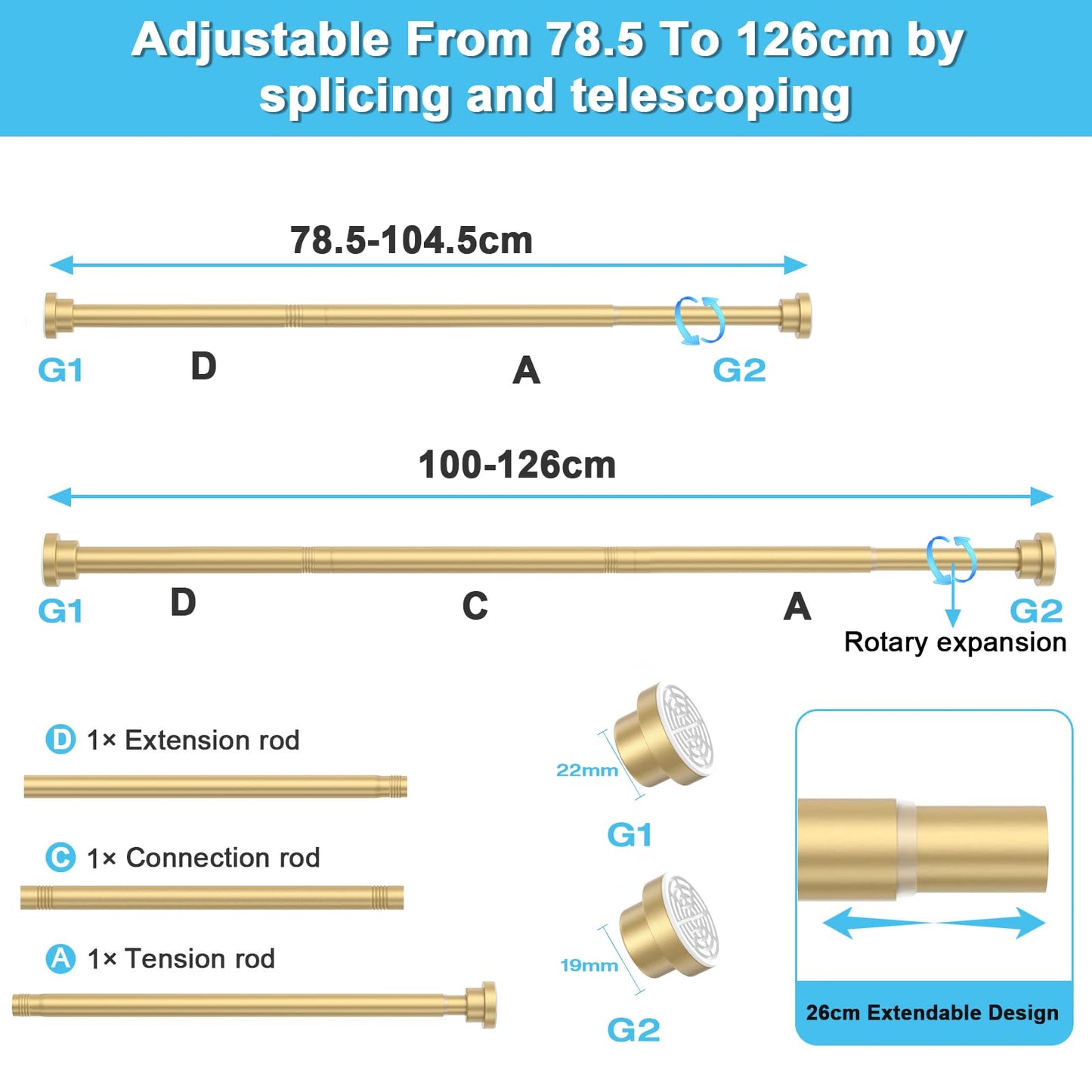 Shower Curtain Pole Extendable Curtain Poles 79-126 Cm Tension Rods For Curtains Extendable No Drill Shower Curtain Rail Non-Slip Gold Shower Pole