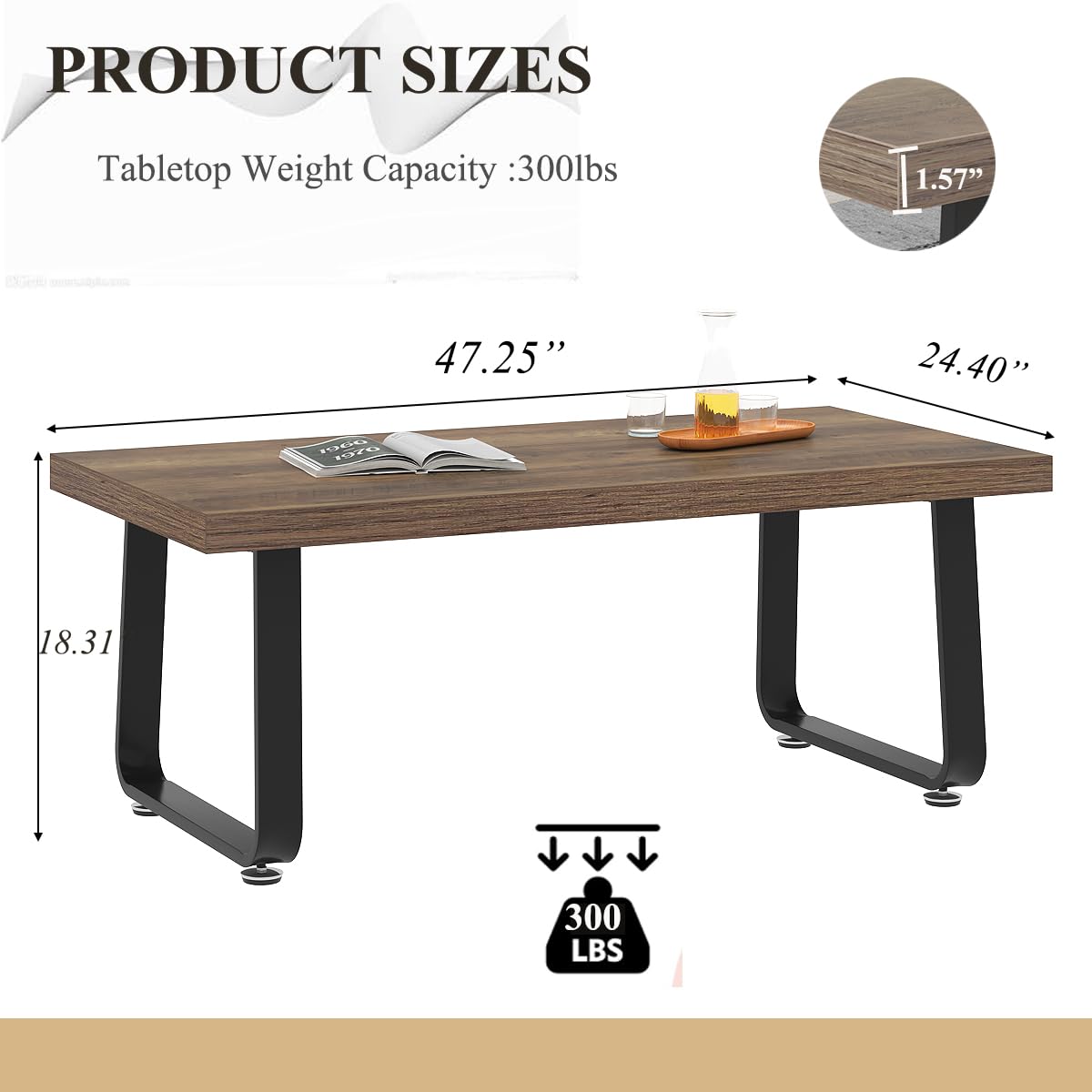 HSH Rustic Oak Coffee Table, 60D×120W×46.5H cm, Rustic Industrial Wooden Coffee Table for Living Room Bedroom Office