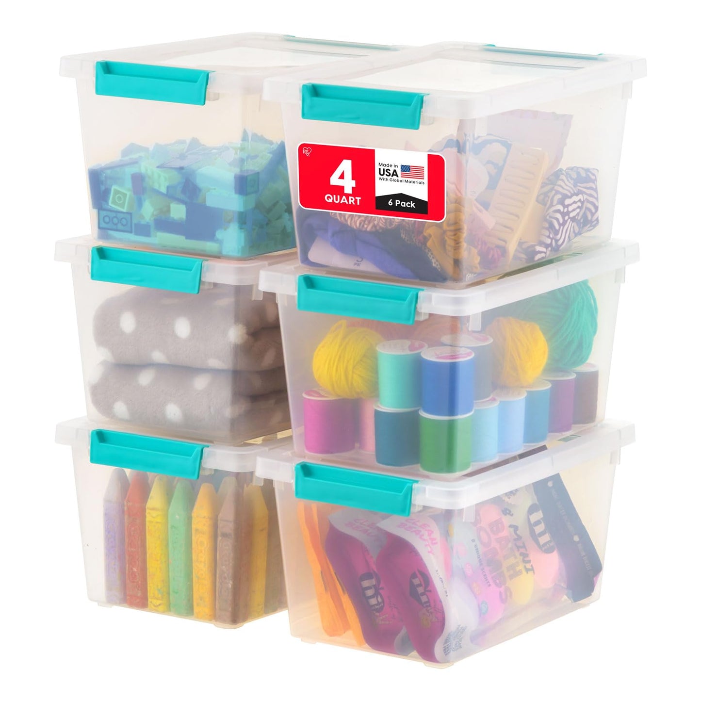 IRIS USA Storage Bins with Lids for Craft Storage, 6-Pack, 4.3 Qt Plastic Stackable Sensory Bin Organizer Container Clip Box for Art Craft Scrapbook