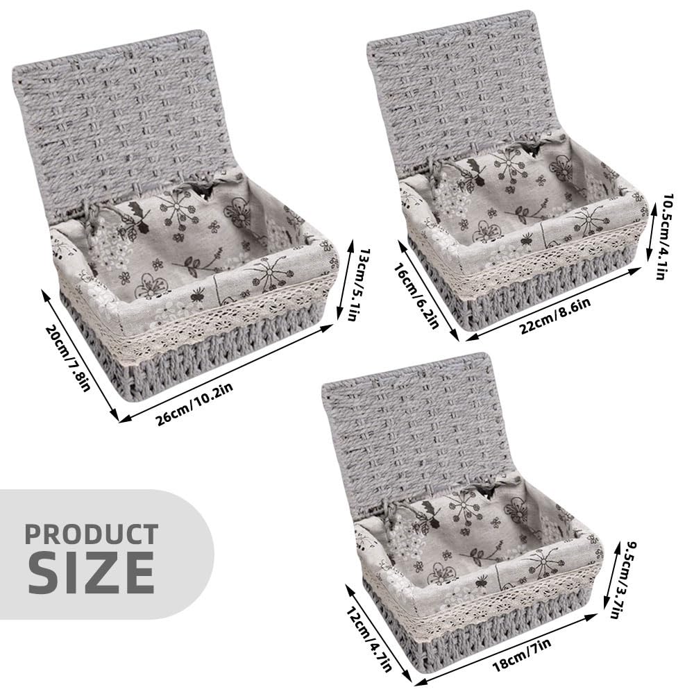 KiKiHong 3 Pcs Set Grey Storage Basket With Lid Boho Handwoven Basket
