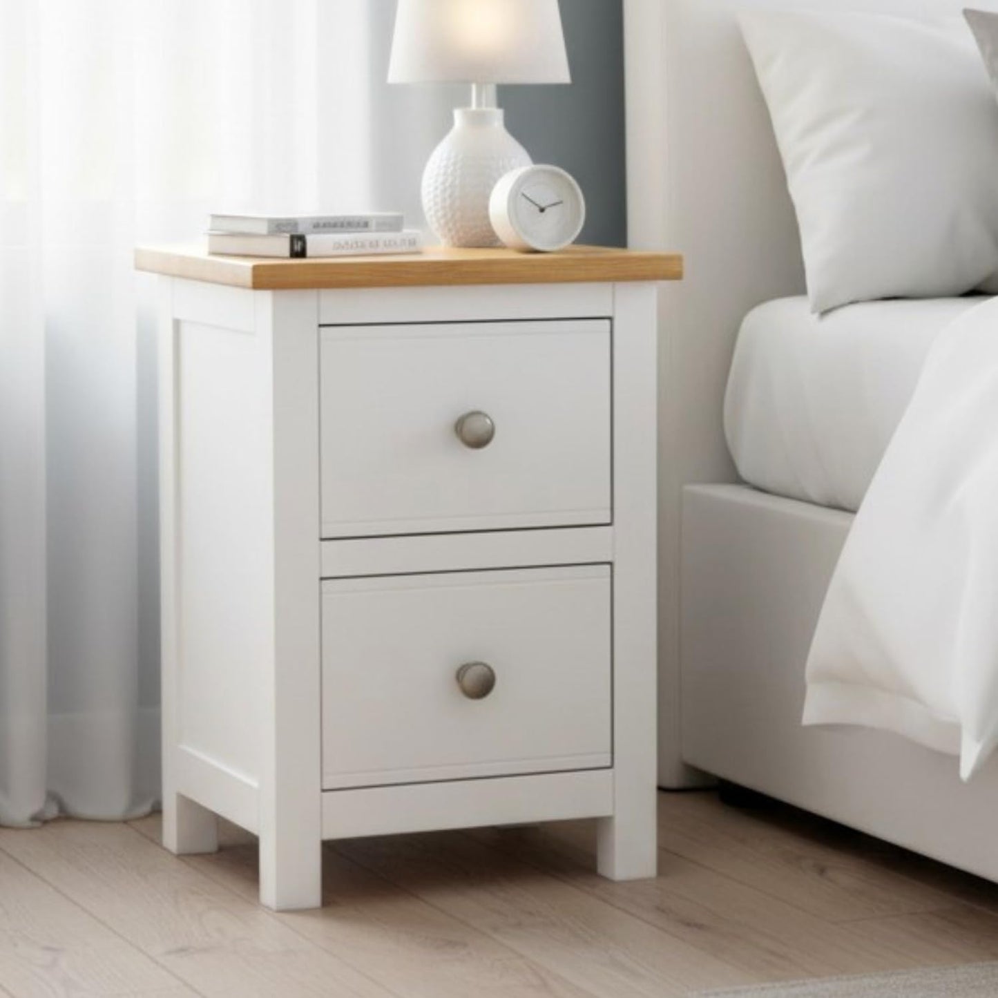 GROF GROFurniture Bedside Table 2 Drawers, Solid Wooden Side End Bedside Cabinet with Oak Top, Narrow Bedside