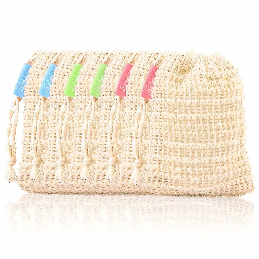 Natural Exfoliating Sisal Soap Bag 6 Packs Soap Protection Bag Saver Pouch Soap Sack Made from Sisal Ramie Fiber with Drawstring for Facial Body