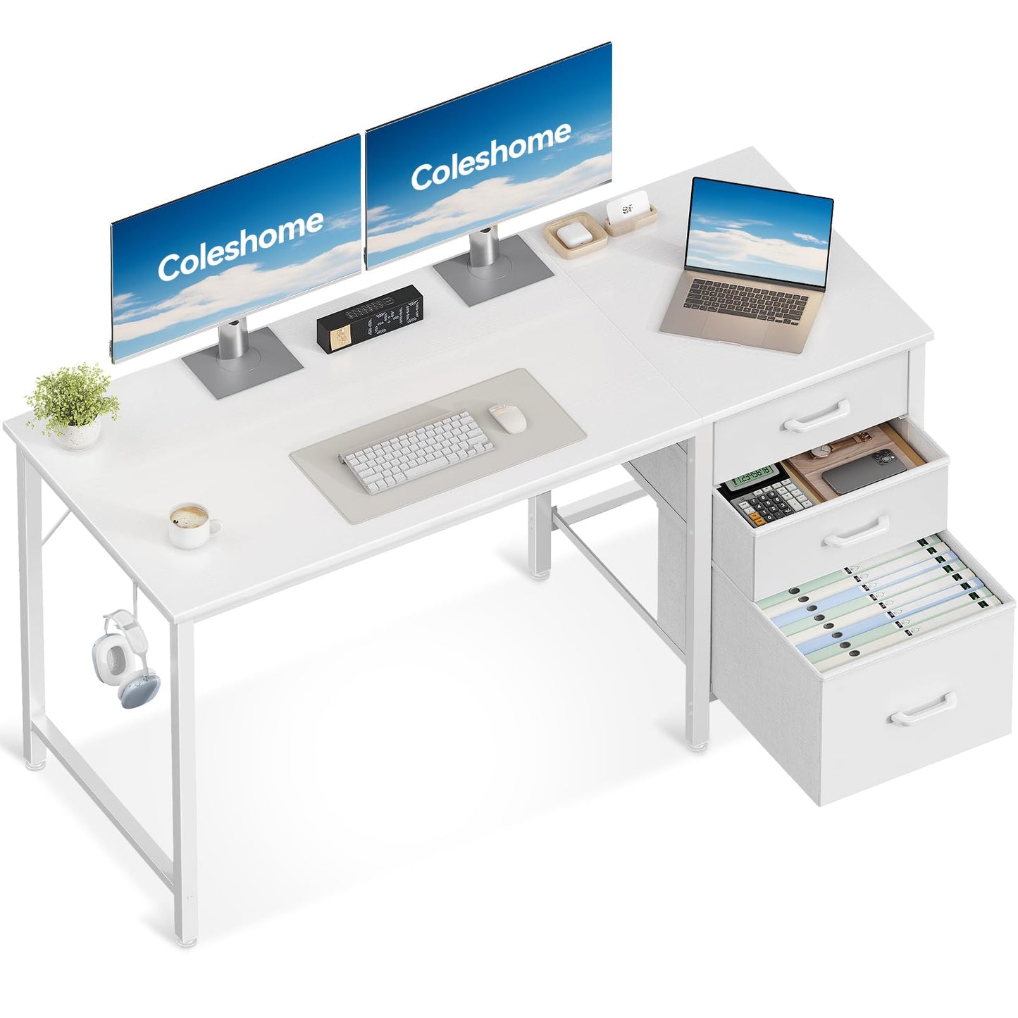 Coleshome Computer Desk with Drawers, 120cm Office Desk with Storage, White