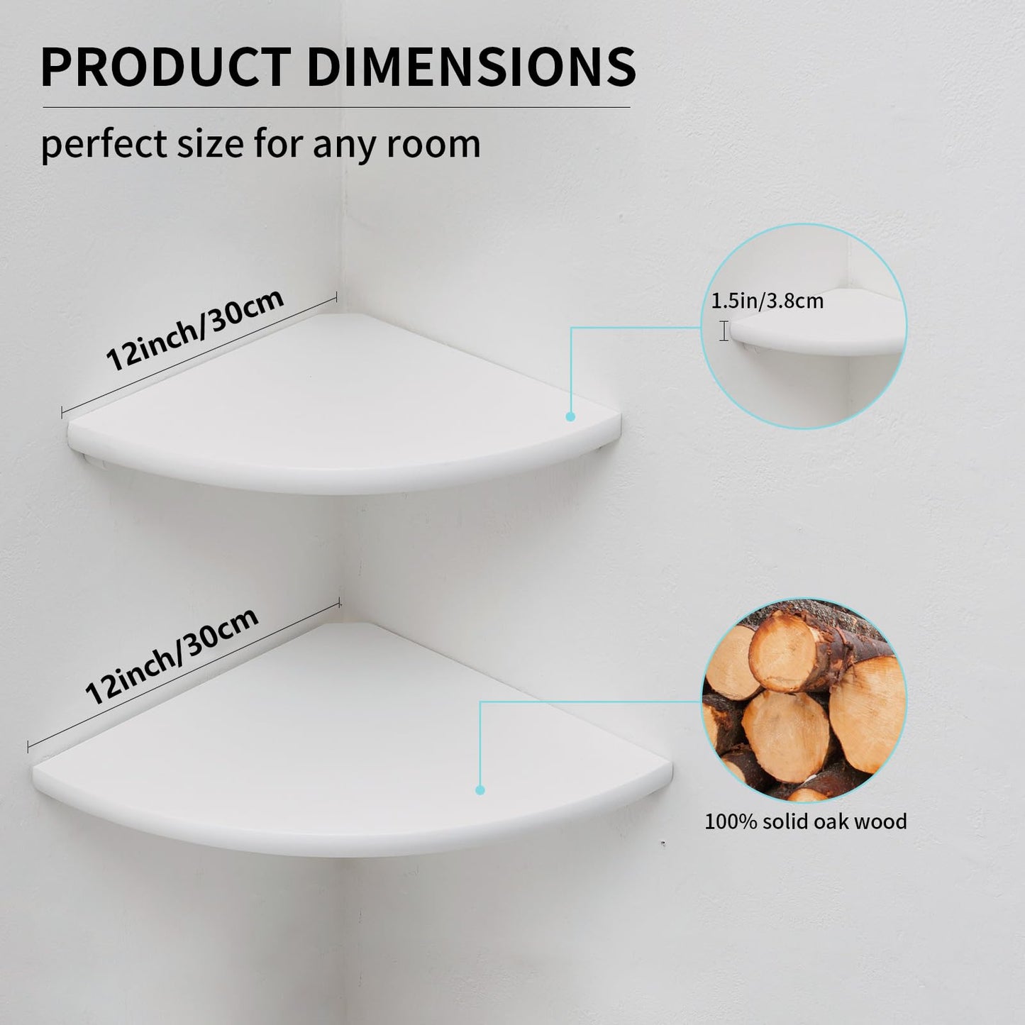 Gieanoo White Corner Shelf Wall Mount, Solid Oak Wood Set of 2 12inch Floating Corner Shelf Round End Floating Speaker Shelf With Wire Hole Shelf for