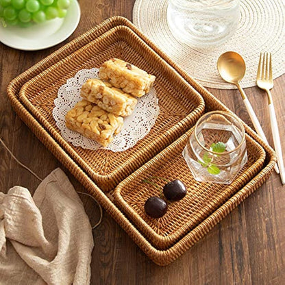 Set of 3, Rattan Serving Tray, Rectangular Wicker Tray, Natural Woven Decorative Serving Baskets for Organizing Tabletop Kitchen Counter
