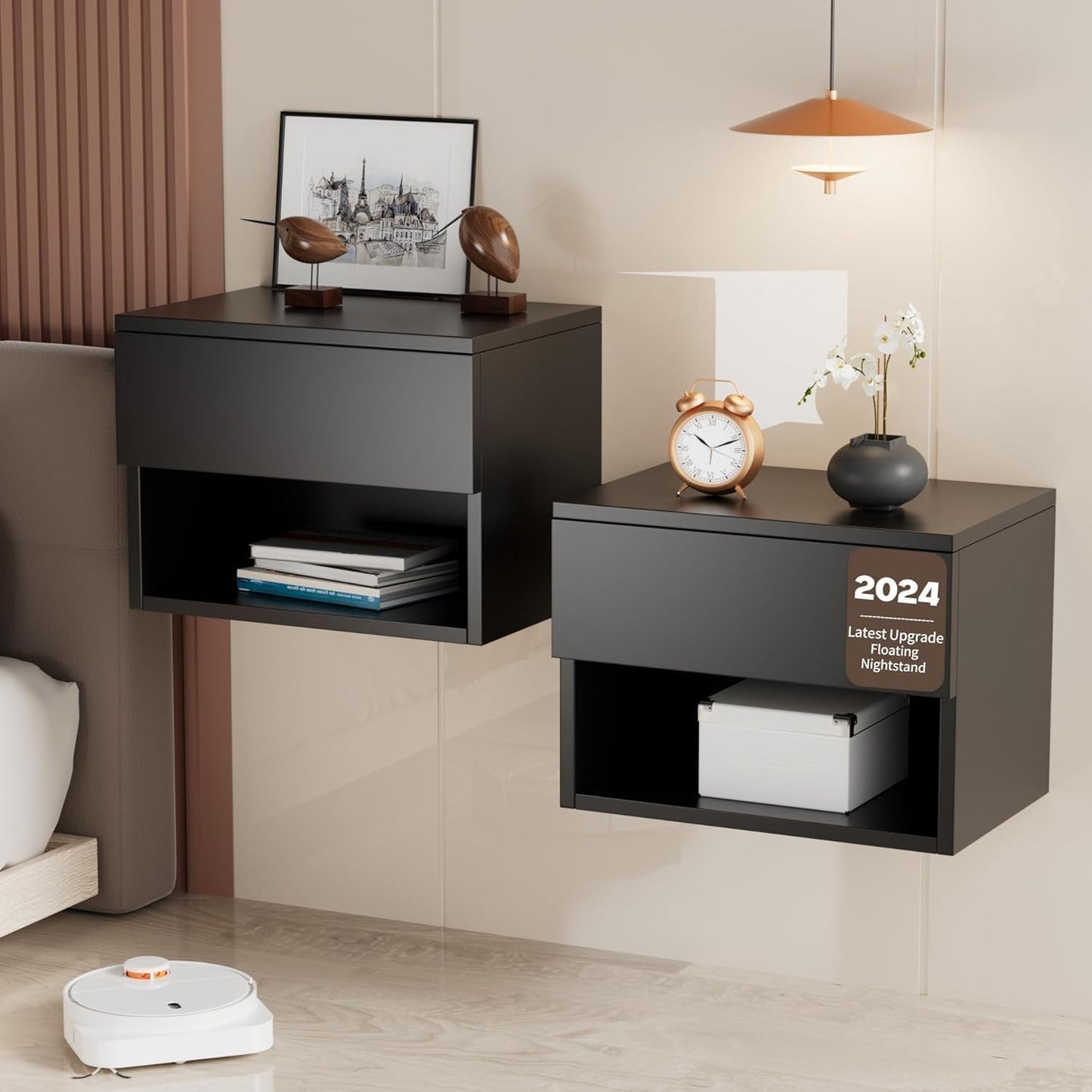 Kiseely Floating Nightstand, Modern Wall Mounted Bedside Table with Drawer, Wood Bedside Shelf & Desk, End Table Wood Modern Night Stand for Bedroom