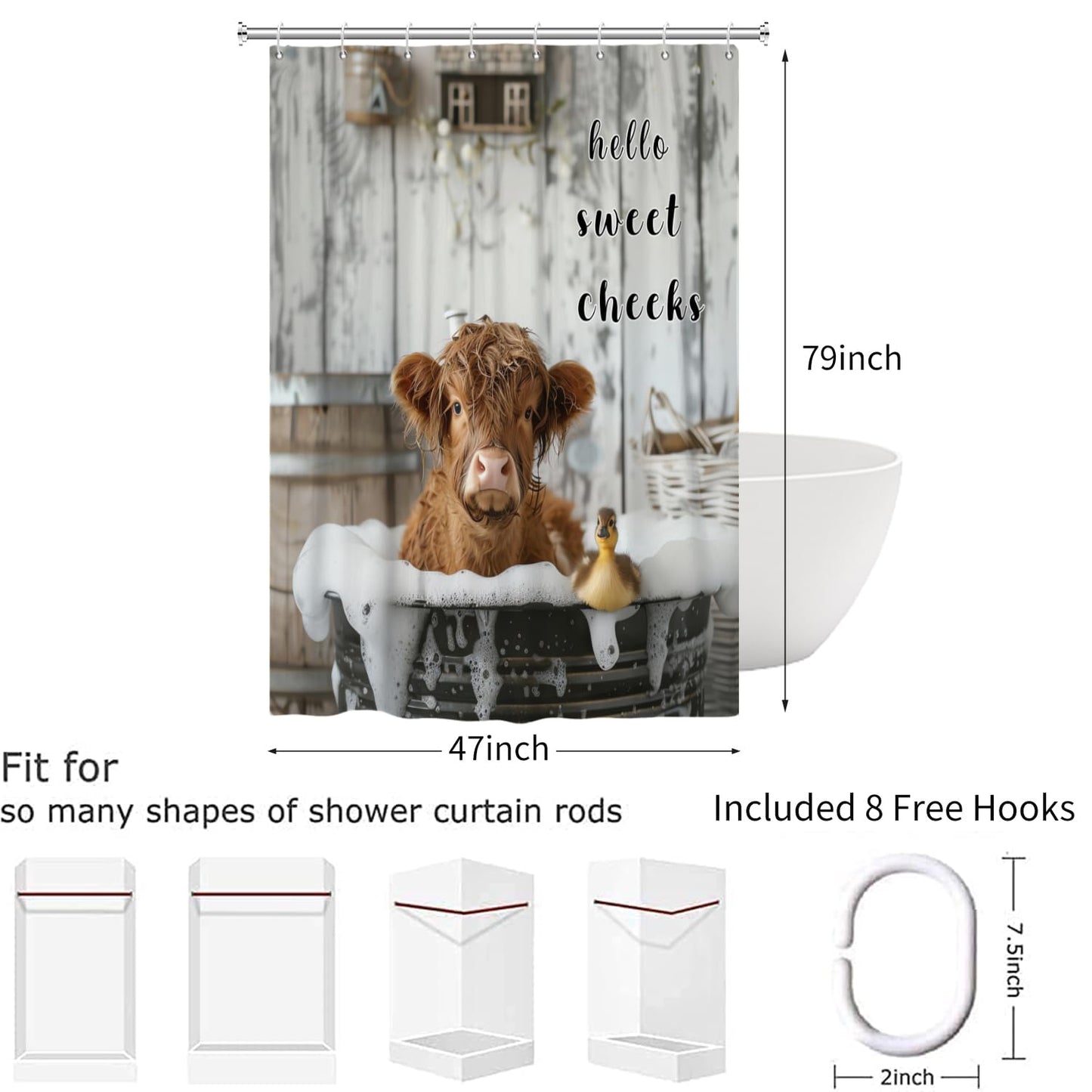 Hnmdmyi Funny Highland Cow Shower Curtain 120x200, Farmhouse Western Animal Cattle Duck Bathing in Bubbly Bathtub Bathroom Curtains Waterproof
