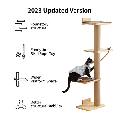 FUKUMARU Cat Scratching Activity Tree Wall Mounted, 125 cm Jute Scratch Post for Large Cats, Kittens with Platform, Rubber Wood, Large