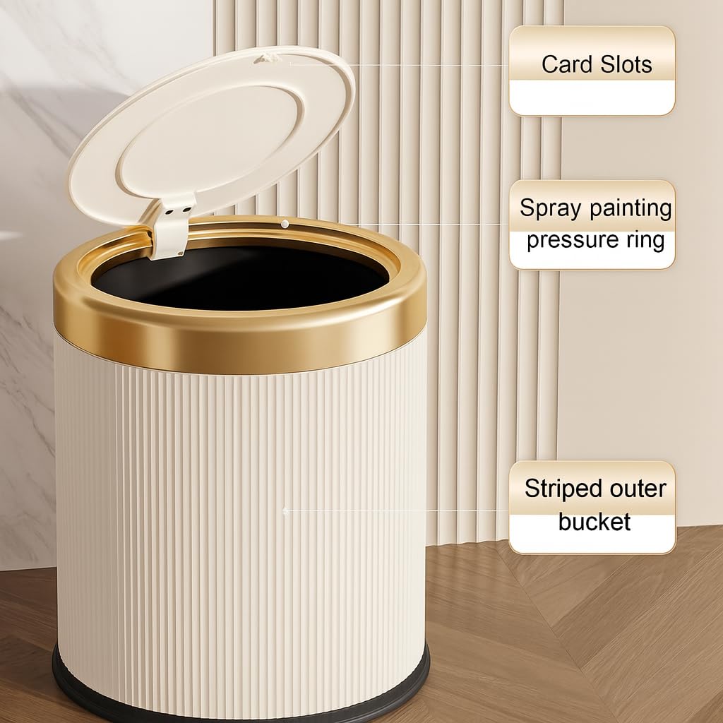 12L Small Bin with Click Lid – Includes Free 50 Bin Bags – Stylish Waste Bin for Living Room, Kitchen, Bathroom & Offic (White and Gold)